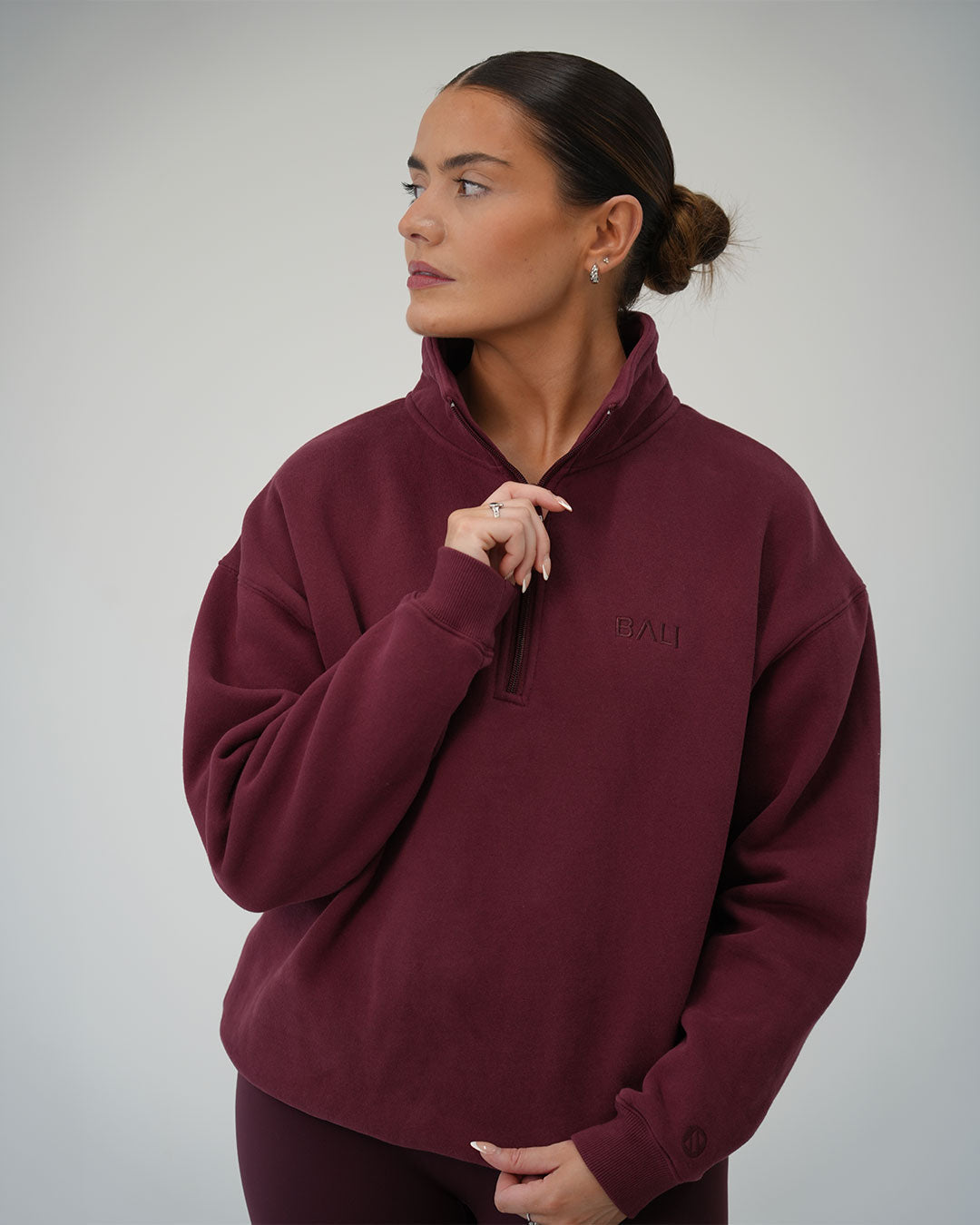 BALI luxury half-zip pullover styled for morning school runs and casual walks.